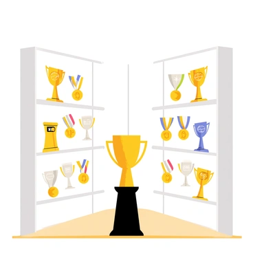 A room filled with volleyball trophies and medals displayed on shelves