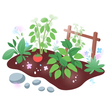 A potager garden filled with various plants arranged in a harmonious layout. In the foreground, "tomato plants" are growing sturdy and tall, their green leaves vibrant and healthy. Nearby, "basil plants" with bright green, aromatic leaves are flourishing next to the tomatoes. The soil around the plants is rich and dark, with a few colorful flowers adding variety to the scene. A wooden trellis partially supports the tomato plants, and a small path made of stones winds through the garden. Bright, "soft pastel colors" fill the garden, creating a warm and inviting atmosphere.