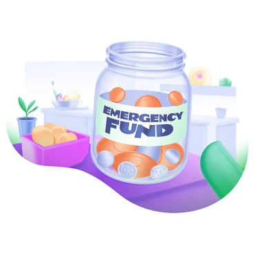 A clear glass jar filled with various coins, including pennies, nickels, dimes, and quarters. The jar has a label in bold, black letters that reads "Emergency Fund." The jar is placed on a wooden kitchen counter, with soft lighting illuminating the coins inside. In the background, there are subtle hints of kitchen elements, such as a fruit bowl and a potted herb plant.