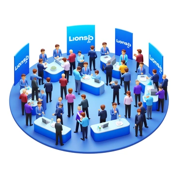 A large financial conference hall filled with brokers interacting. Groups of professionals are standing together, engaged in conversations. Some brokers are exchanging business cards, showcasing their professional attire. The hall features tables with promotional materials and large banners displaying financial company logos. A few attendees are taking notes or using laptops, while others are sipping coffee from cups. The atmosphere is busy and dynamic, highlighting the networking opportunities at the event.