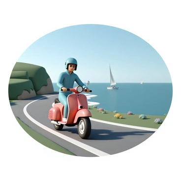 A moped, painted bright red with a sleek design, is traveling along a winding coastal road. The rider, wearing a blue helmet and a matching jacket, has a focused expression while steering. The background features a stunning view of the ocean, with gentle waves lapping against the shore under a clear blue sky. Lush green cliffs rise on one side of the road, dotted with colorful wildflowers swaying in the breeze. In the distance, you can see a few sailboats gliding across the water, adding to the picturesque scene.