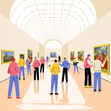 The interior of the Musée d'Orsay features a grand, open space with high arched windows allowing natural light to flood in. Patrons of various ages are scattered throughout the room, some standing in awe while others discuss the paintings. Prominent Impressionist paintings hang on the walls, showcasing vibrant colors and dynamic brushstrokes. A polished wooden floor reflects the light, enhancing the ambiance. Some visitors are taking photographs, while others are engrossed in the artworks, creating a lively atmosphere of appreciation for art.