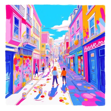 A modern book cover features a bright and colorful street scene filled with vibrant street art and graffiti on the walls of buildings. The artwork displays a variety of bold designs and intricate patterns, creating an engaging visual narrative. In the foreground, city dwellers, including diverse individuals, interact and stroll through the urban landscape. Brightly colored murals stretch across the walls, and the ground is scattered with paint cans and brushes, indicating recent artistic activity. The sky above is a clear blue, complementing the vivid hues of the artwork below.