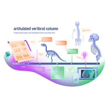 An illustrated timeline depicting the evolution of the understanding of the "articulated vertebral column." The timeline runs horizontally across the image, with distinct sections representing different eras in the study of vertebrae. Each section features a representative illustration that highlights key discoveries, such as an ancient scroll with early sketches of vertebral structures, a dinosaur skeleton with articulated vertebrae displayed prominently, a human spine model showcasing vertebral anatomy, and a modern digital diagram illustrating advanced imaging techniques. Accompanying each illustration are short labels with informative text about significant milestones in vertebral column research. The background is a soft gradient that complements the pastel illustrations, allowing the detailed drawings and text to stand out clearly.