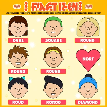 A colorful educational chart featuring various face shapes, including "oval," "square," "round," "heart," and "diamond." Each face shape is illustrated with a distinct cartoon-like depiction and labeled clearly with bold, playful font. Fun facts about each type are displayed in vibrant text boxes beside the corresponding face shapes. The chart has a bright background with light patterns, making it visually engaging. Each face is given expressive features, such as different hairstyles and accessories, to add personality.