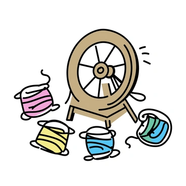 A close-up of a spinning wheel with a wooden frame and ornate features, capturing its intricate detailing. Surrounding the spinning wheel are vibrant spools of yarn in various colors, including red, blue, green, and yellow. Each spool is neatly arranged, showcasing the texture of the yarn. The scene focuses on the smooth motion of the wheel, emphasizing the crafting process.