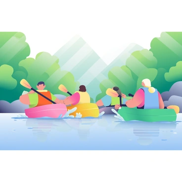 A group of four kayakers is paddling down a river. The kayakers are wearing bright-colored life jackets: one in orange, one in yellow, one in blue, and one in green. Each kayaker holds a paddle, splashing water as they navigate through the gentle current. The riverbanks are lined with lush green trees, with some sunlight filtering through the leaves, creating dappled patterns on the water's surface. In the background, there are hints of tall mountains peeking through the canopy of the forest. The scene is peaceful, with ripples forming around the kayaks and reflections of the trees shimmering in the water.