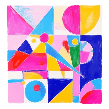 A canvas features a vibrant arrangement of geometric shapes including triangles, circles, and squares in various sizes. The shapes are filled with bright colors like red, blue, yellow, green, and purple, creating a striking contrast against the background. Some shapes overlap each other, showcasing transparency and layering, while others stand alone, clearly defined. The overall composition is dynamic, with a sense of movement created by the placement and orientation of the shapes.