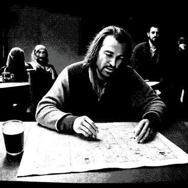 An adventurer is seated at a wooden table in a dimly lit tavern. The figure has rugged clothing and a weathered face that suggests many journeys. He leans forward, intently examining a detailed treasure map spread out in front of him. The map features intricate markings, symbols, and hints of locations. A flickering candle casts soft shadows across the table, highlighting the creases and folds of the map. The tavern around him has wooden beams and rustic decor, creating an atmospheric setting. A mug of ale sits nearby, and faint silhouettes of other patrons can be seen in the background.