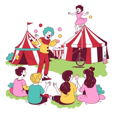 A group of children are laughing and clapping while watching a performance at a circus. In the background, there are two large colorful tents designed with stripes. A clown with a big red nose and a teal wig is juggling colorful balls, entertaining the children. Nearby, an acrobat in a pink costume is performing a handstand on a tall unicycle. The children are seated on the grass, some holding popcorn and cotton candy, fully engaged in the lively atmosphere of the circus.