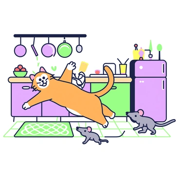 A humorous comic illustration of a cat chasing a mouse through a kitchen