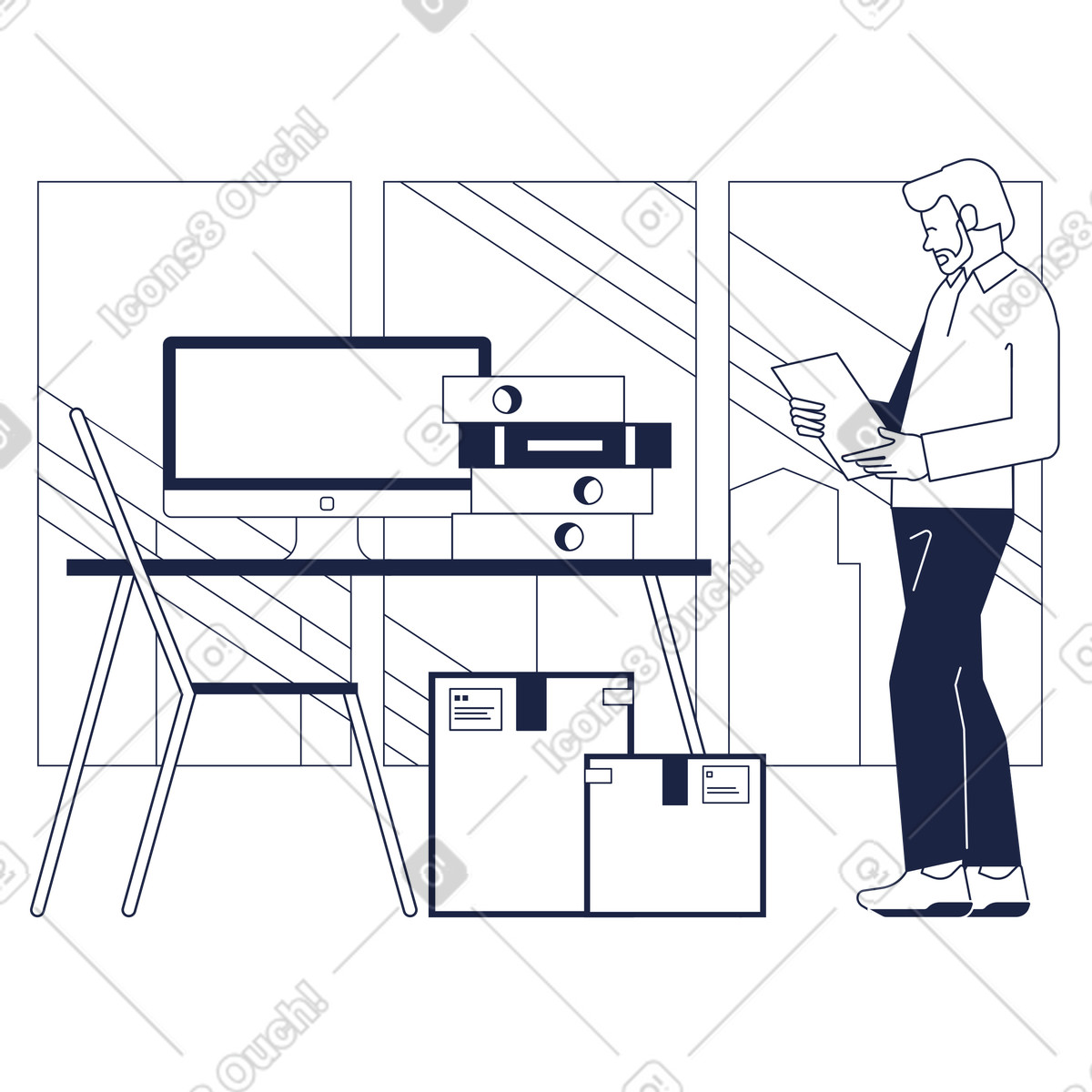 Ilustração de Trabalhador escritório com um papel na mão, ao lado uma grande pilha documentos em no estilo Urban Line para baixar em PNG, SVG