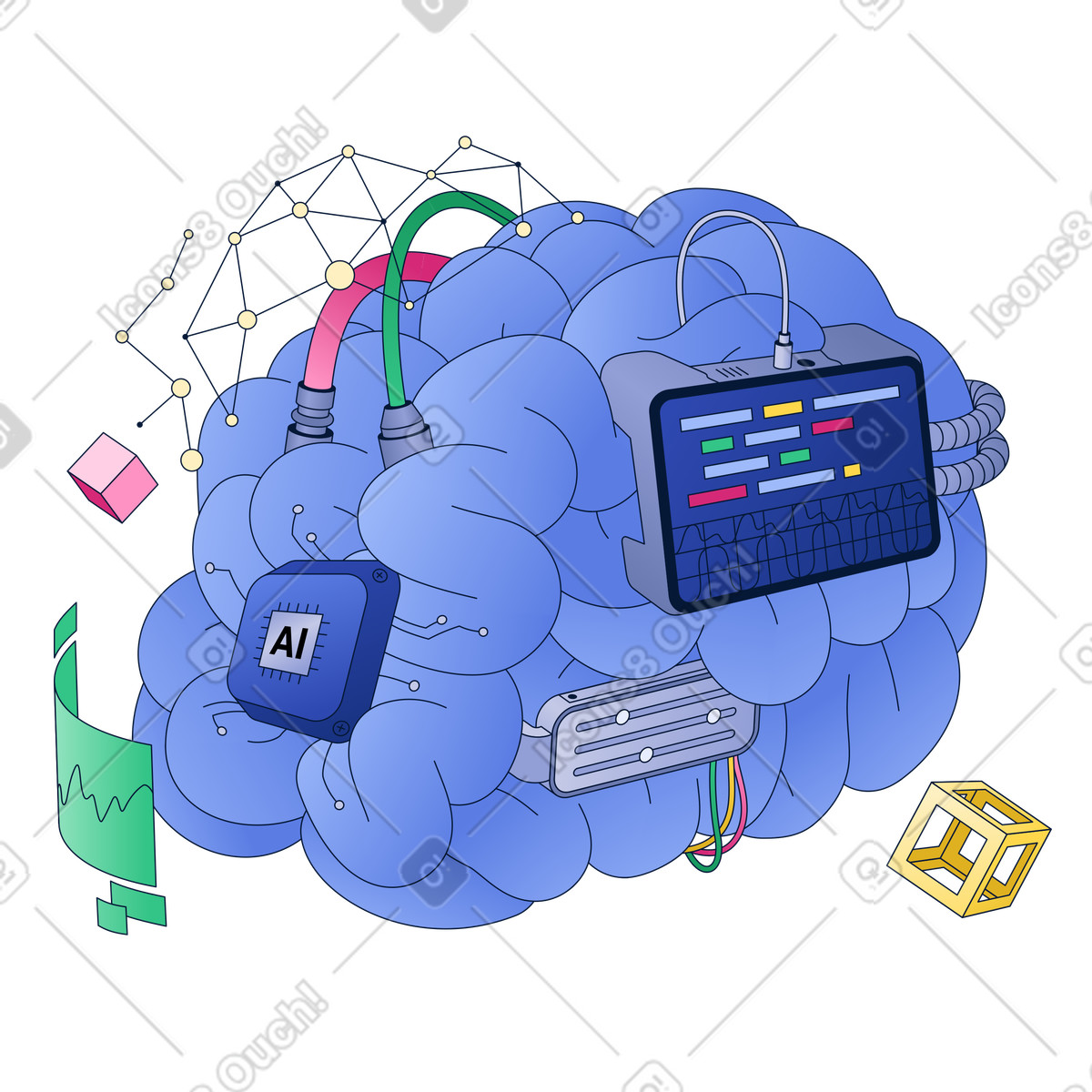 AI Brain Connected to Smart Devices animated illustration in GIF, Lottie (JSON), AE