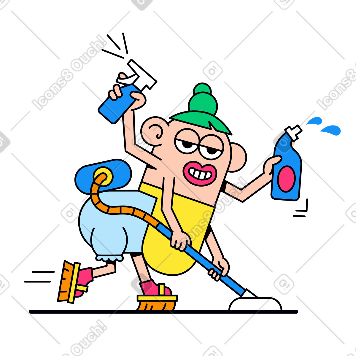 下载 Droll 风格的 多任务清洁服务工人与用品 插画，支持 PNG、SVG 格式