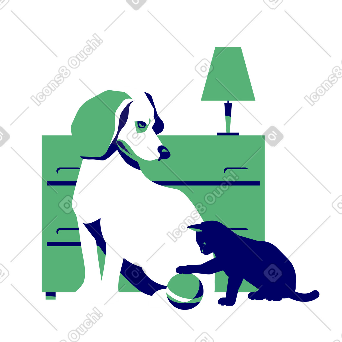 Illustration Chien et chat jouant avec une balle près de la commode dans le style Lounge à télécharger aux formats PNG, SVG