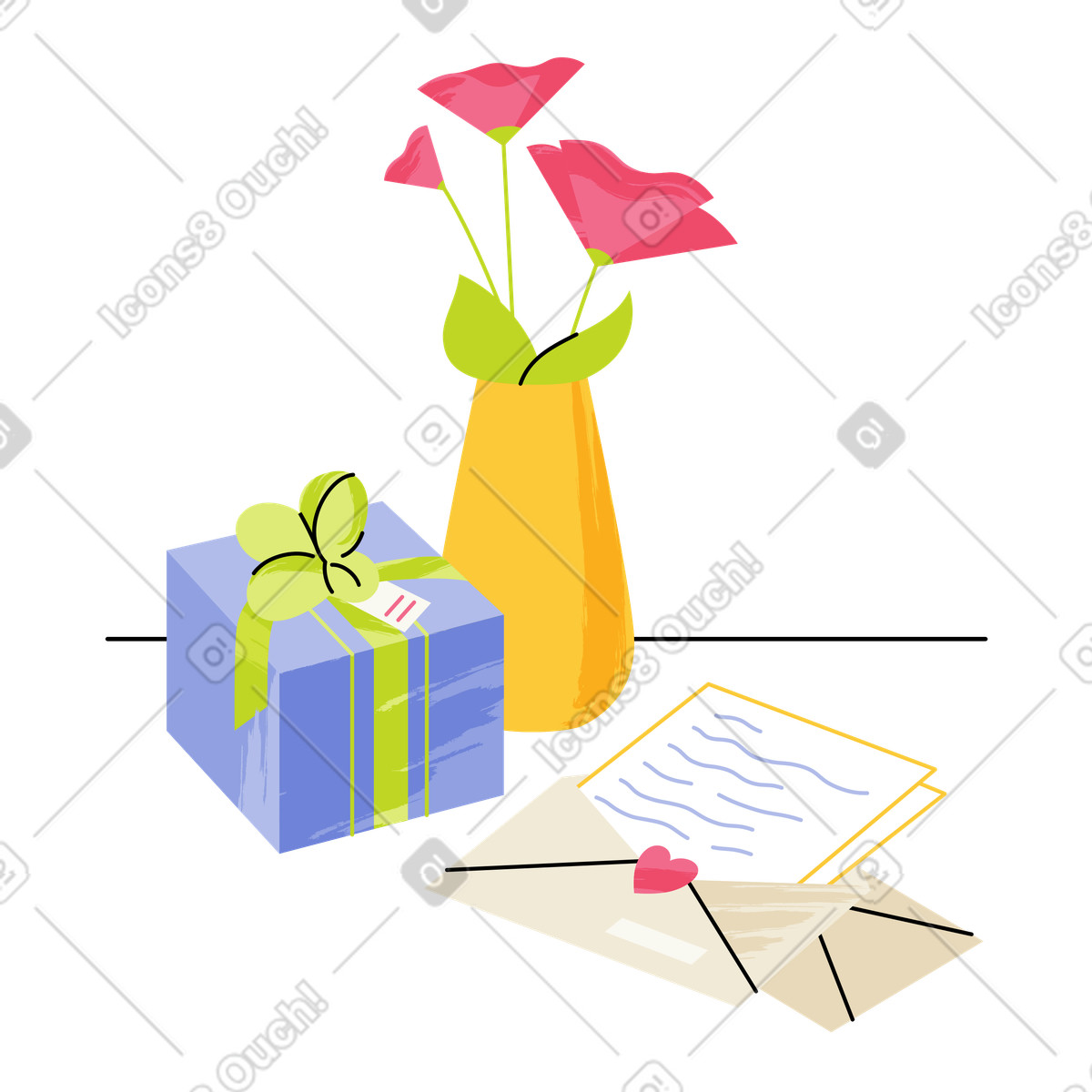 Ilustración Flores, regalo y carta para el día de los enamorados. en estilo Juicy a descargar en PNG SVG