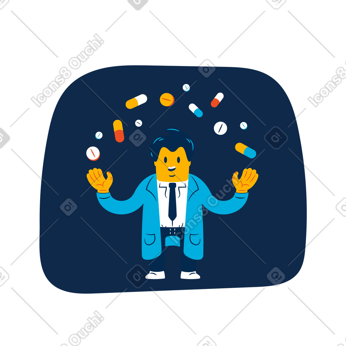 Ilustración Farmacéutico en farmacia mostrando medicamentos estilo Flame a descargar PNG y SVG