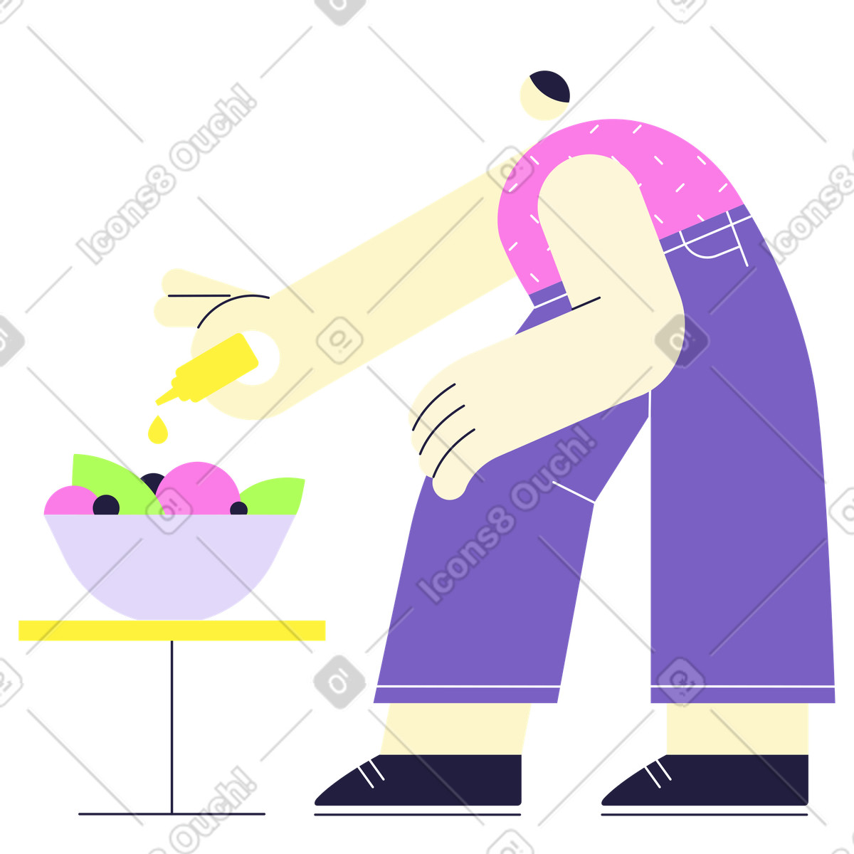 Иллюстрация Мужчина добавляет масло в овощной салат в PNG и SVG