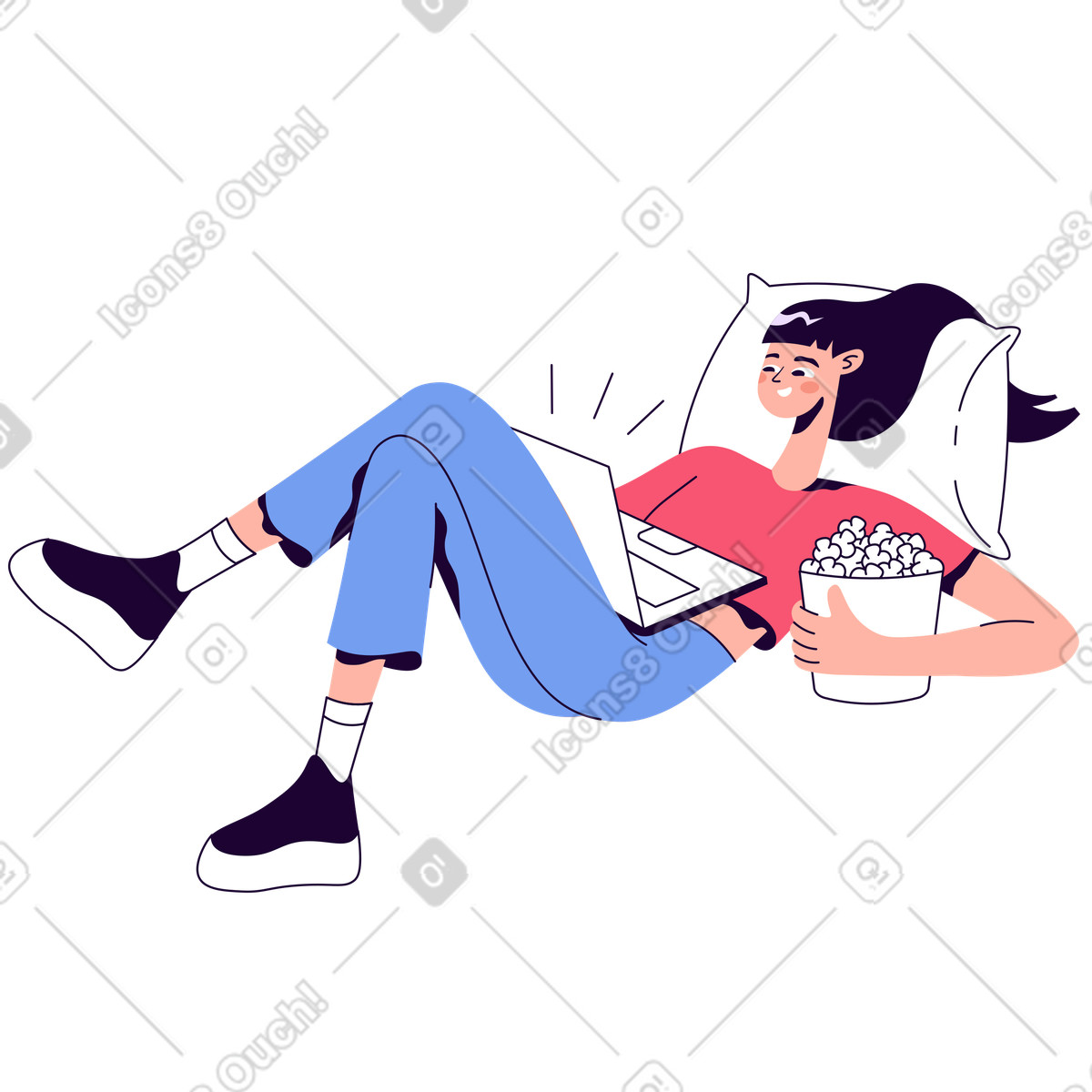 Frau entspannt sich auf kissen mit popcorn und laptop animierte Illustration im Martina-Stil als Download in GIF, Lottie (JSON), AE