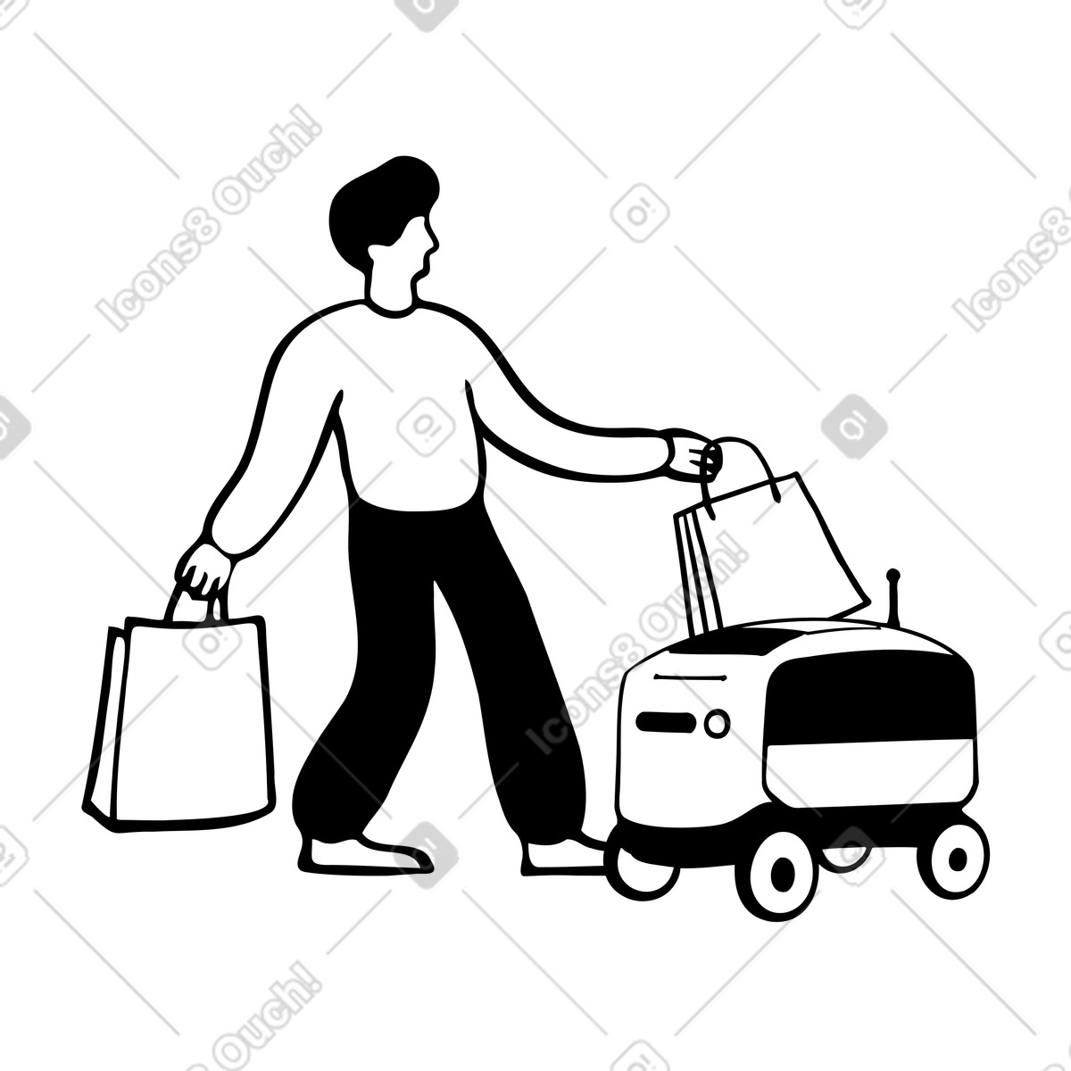 Illustration Un homme récupère des sacs de courses auprès d'un robot livraison dans le style Journal à télécharger aux formats PNG, SVG