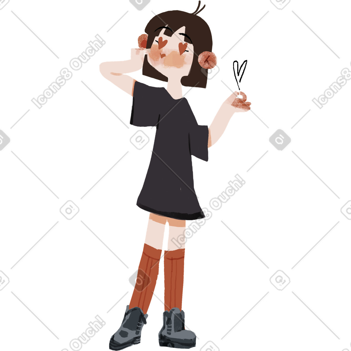 Character with heart eyes wearing black dress and orange socks-Illustration im Ikigai-Stil als Download in PNG, SVG
