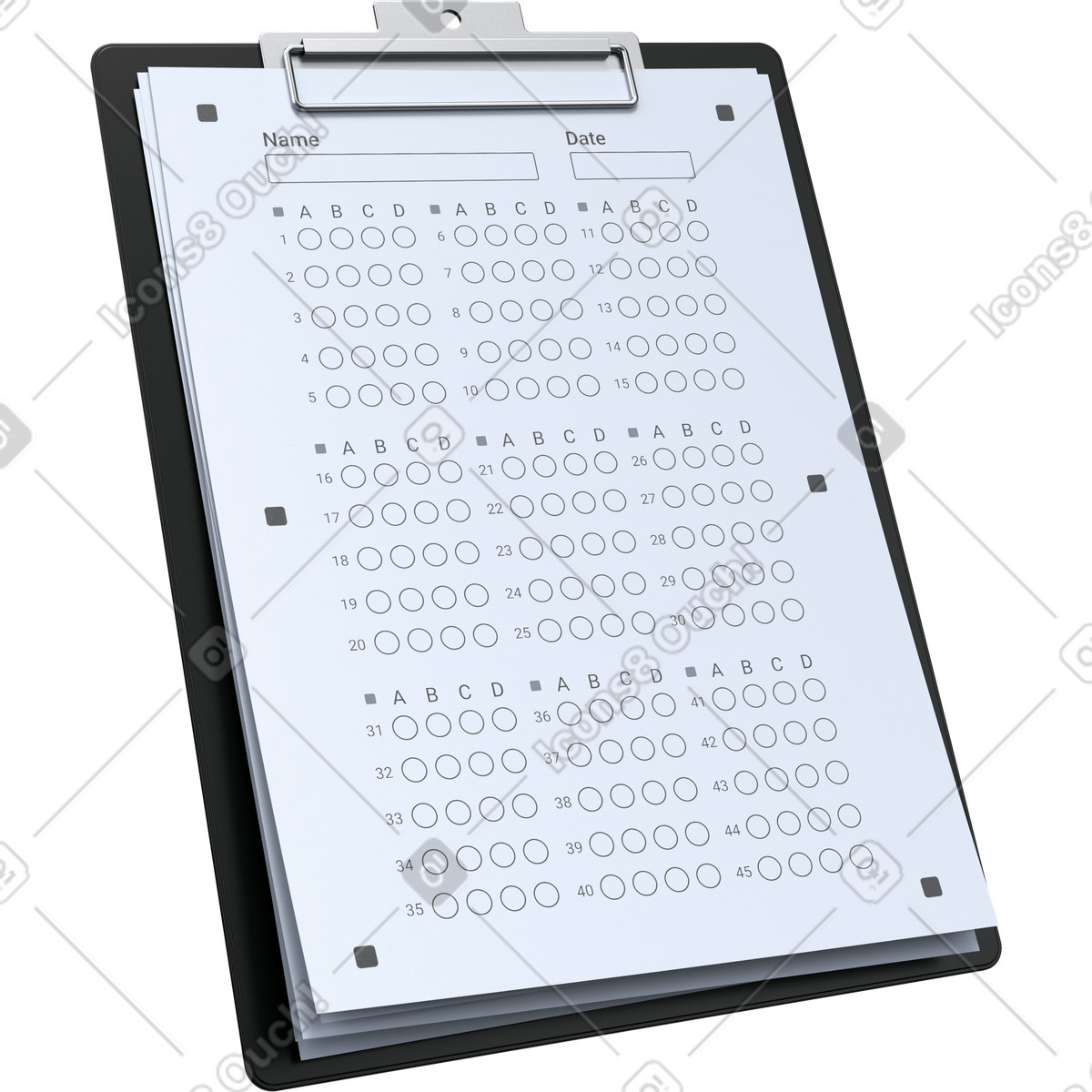 Foglio delle risposte ai test standardizzati, blocco per la valutazione accademica, degli esami studenti illustrazione in stile 3D Pro scarica in PNG, SVG