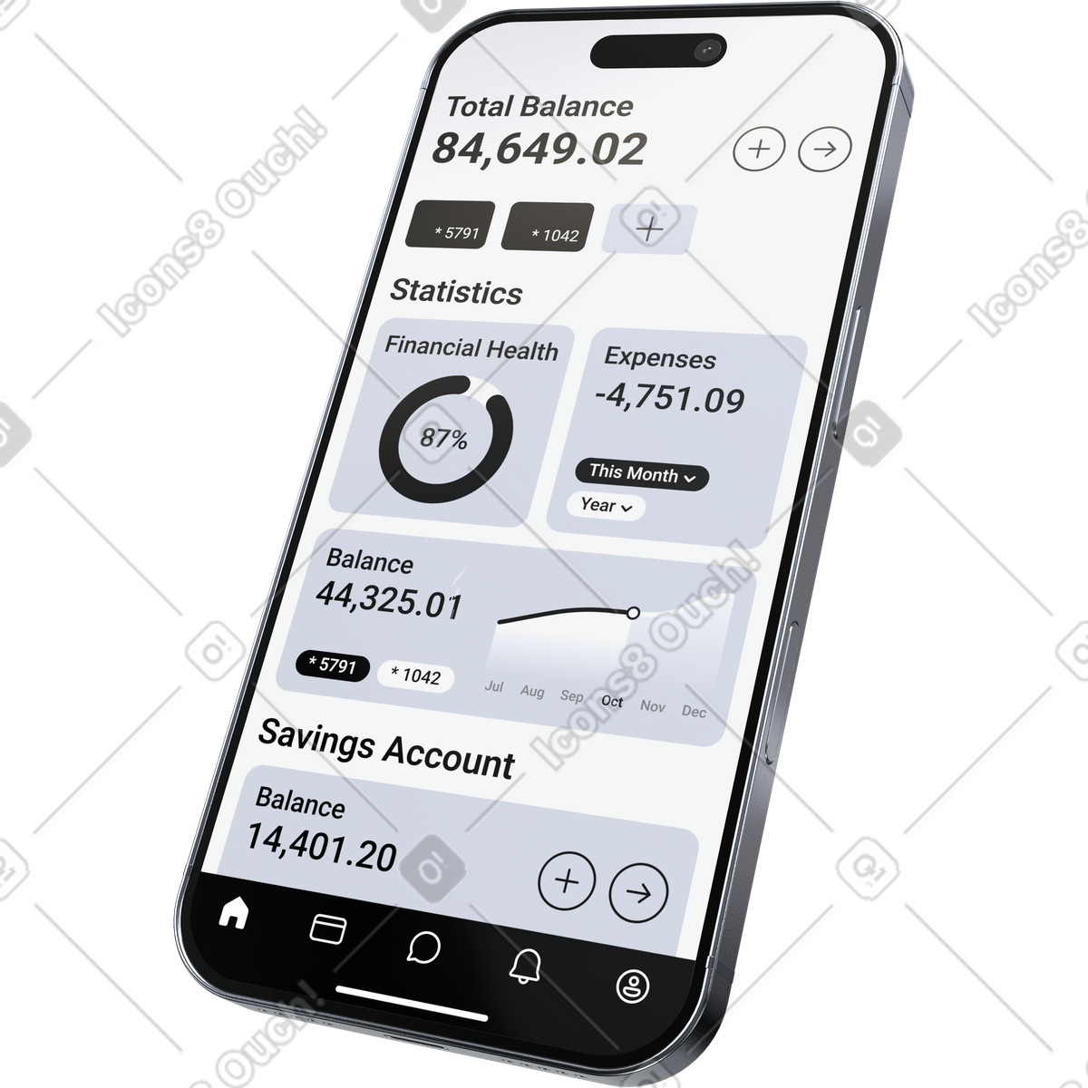 Finance app mobile interface, expense tracking and savings management illustration in PNG, SVG