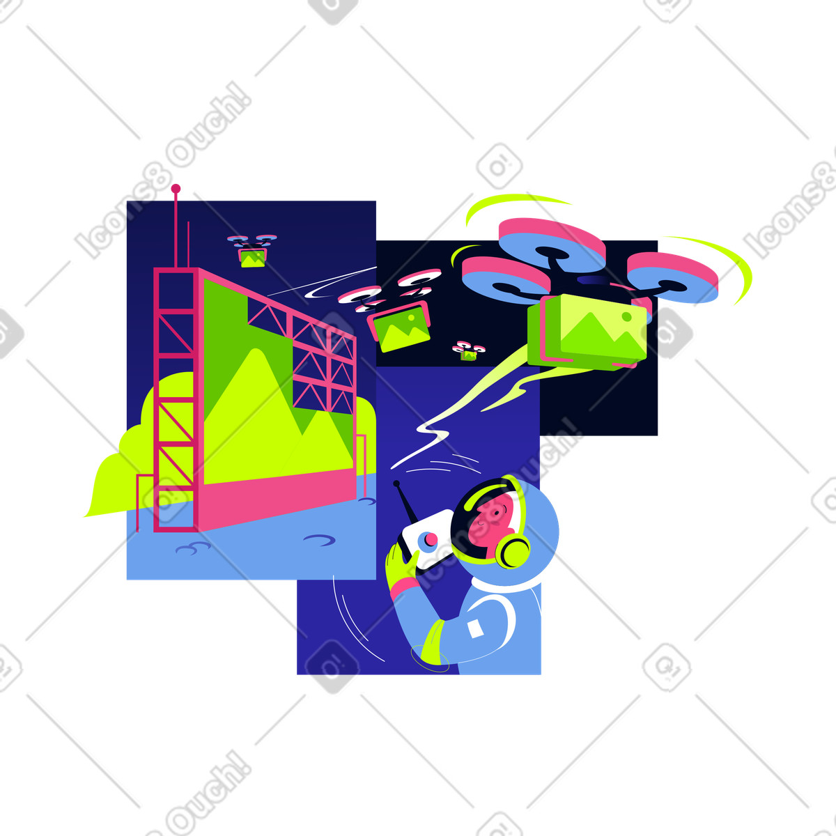 下载 Space 风格的 Astronaut controlling delivery drones, Innovative automation technology 插画，支持 PNG、SVG 格式