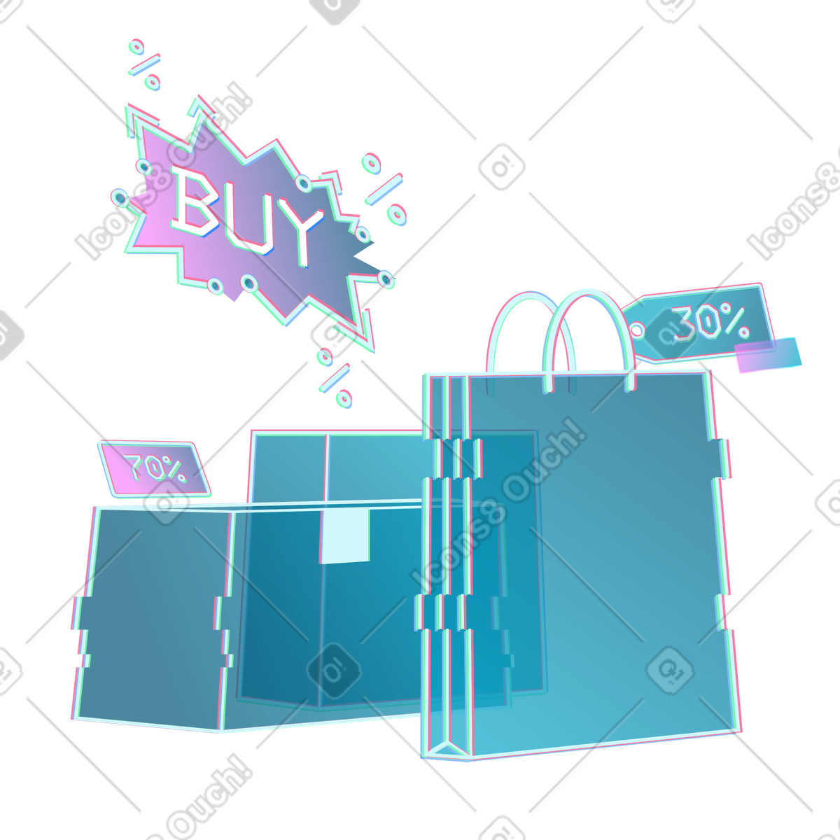 Shopping bags with sale labels, Online retail promotions and discounts illustration in Neon style download in PNG, SVG