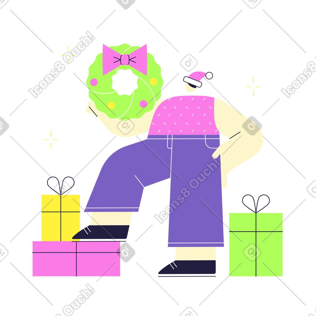 Ilustración Hombre con cajas de regalo haciendo decoraciones navideñas. en estilo Mellow a descargar en PNG y SVG