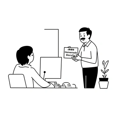 A man with short hair and a mustache, wearing a polo shirt and a blazer, is standing in an office. He is holding a colorful box labeled "Homemade Biscuits" with a big smile on his face. In front of him, his boss, a person with short hair and wearing a business suit, is looking surprised and amused. The office has a desk with a computer and some papers scattered around, along with a potted plant in the background.