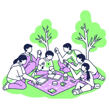 A group of children is gathered in a park, intently observing cicadas. Each child is holding a magnifying glass, examining the insects closely. They are sitting on a patch of grass, with a few notebooks opened in front of them, filled with notes and sketches of their findings. Some children are pointing excitedly at the cicadas perched on tree branches, while others are discussing amongst themselves. Several trees with green leaves surround the scene, providing a natural backdrop to their exploration. A picnic blanket is spread nearby, with a few snacks and additional magnifying glasses scattered on it.