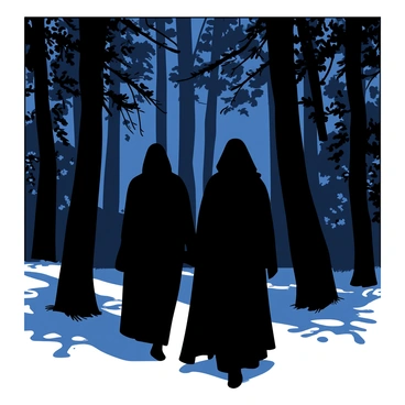 Two dark silhouettes of unknown figures are moving quietly through a dense forest. The trees surrounding them are tall and slender, with branches that cast intricate shadows on the forest floor. The figures appear to be draped in cloaks, blending seamlessly with the twilight surroundings. A sense of mystery envelops the scene, as the figures navigate between the trunks of the trees, their movements fluid and silent. The background is filled with dark foliage, adding depth to the composition.