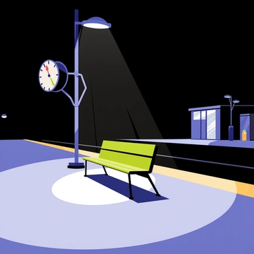 An empty train station at night. The scene features a platform with polished concrete tiles reflecting the dim light from an overhead lamp. A single wooden bench, painted in a deep green color, is positioned in the center of the platform under the soft glow. Shadows stretch across the ground, adding depth to the scene. A large clock hangs on the wall, showing the time as 11:47 PM. The backdrop includes darkened train tracks that lead into the distance and the faint outline of a small waiting area with a glass window.