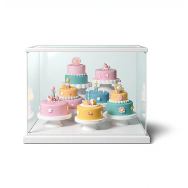 A display case, constructed from clear glass, showcases an array of brightly decorated birthday cakes. The cakes are stacked on multiple levels, each featuring vibrant icing in various colors including pink, blue, yellow, and green. Different cake designs are visible, with some adorned with colorful sprinkles, while others have intricate fondant decorations shaped like flowers, stars, and balloons. Each cake is placed on a decorative cake stand, and the background of the display case highlights the glimmering reflections of the cakes. Bright lighting enhances the colors, creating an inviting and festive atmosphere.