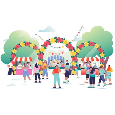A lively festival scene is filled with people enjoying the celebrations. Colorful garlands made from red, yellow, blue, and green flowers hang from the trees, creating a vibrant atmosphere. Arches adorned with clusters of blossoms lead the way through the festival grounds. Stalls are set up, offering a variety of food and drinks, each decorated with bright banners. In the background, a stage is set for performances, complete with colorful flags fluttering in the breeze. Families and friends are gathered, some taking photos under the decorative arches, while others are dancing to the music playing in the air.