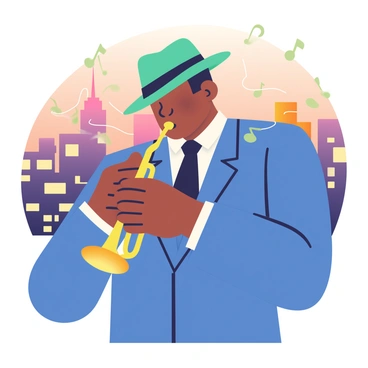 A jazz hero with deep brown skin and a stylish fedora is passionately blowing a trumpet. He wears a vibrant blue suit with a narrow black tie. His eyes are closed, and his cheeks puff out as he plays, conveying deep emotion. Surrounding him are swirling notes that float in the air, creating a sense of movement. In the background, there are silhouettes of city buildings against a twilight sky, with a transition of colors from orange to purple. The scene is lively, capturing the essence of a jazz performance.