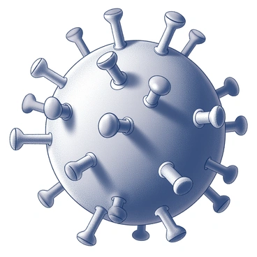 A close-up illustration of a virus as seen through a microscope. The virus is depicted with a spherical shape, featuring surface proteins that protrude from its outer shell. The texture of the virus is detailed, showing intricate patterns and structures. Magnified details reveal the symmetry and organization of the viral components. The background is a blurred representation of the microscope's slide, emphasizing the focus on the virus itself.