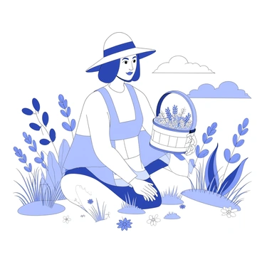 A herbalist carefully collecting wild herbs in a sunny meadow.