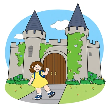 A young girl named Meg with curly brown hair, wearing a bright yellow dress and a blue backpack, steps onto a cobblestone path leading to an old castle. The castle features tall, pointed towers that reach towards the sky, each adorned with a few small windows. The stone walls of the castle are partially covered in lush green ivy, cascading down from the roofs. Surrounding the castle are patches of wildflowers in various colors, and a few fluttering butterflies are visible in the scene. The sky above is a clear blue with a few fluffy white clouds drifting lazily. Meg's eyes widen in curiosity as she approaches the heavy wooden doors of the castle, which are slightly ajar.