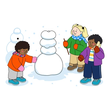 A group of three children wearing colorful winter coats, scarves, and gloves are playing in the snow. One child with dark curly hair is rolling a large snowball, while another child with blonde pigtails is stacking smaller snowballs on top of it. A third child with medium-length black hair is gathering sticks to use as telephone receivers. Snowflakes are gently falling around them, and their cheeks are rosy from the cold. The ground is covered in a thick layer of white snow, and a snowman can be seen in the background.