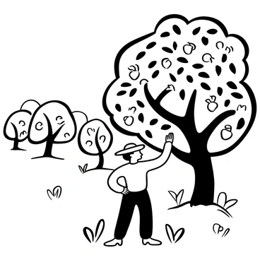 A man named "Mr. Sakamoto" with a straw hat is picking apples from a tree in an orchard. The tree is heavy with ripe apples, some of which are falling to the ground. The ground is covered with grass and scattered apples. There are multiple apple trees in the background, stretching towards the horizon. Sunlight filters through the leaves, casting dappled shadows on the ground. The overall scene conveys a sense of abundance and nature's bounty.