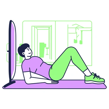 A person is positioned on a gym mat, performing hip thrusts. They are lying on their back with their shoulders resting against a bench, legs bent at the knees, and feet flat on the floor. The individual is looking into a large mirror in front of them, checking their form. They have a focused expression on their face, ensuring proper alignment. The gym is equipped with various exercise equipment in the background, creating an active atmosphere. Bright lighting illuminates the scene, highlighting the person’s effort and determination.
