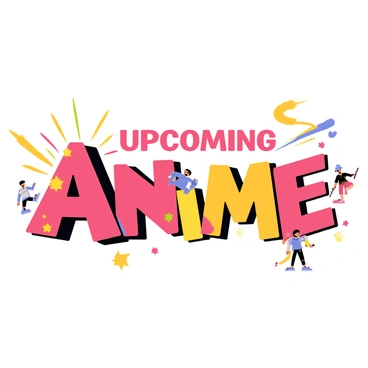 A title card that reads "Upcoming Anime" in bold, stylized letters at the center. The letters are surrounded by vibrant action elements, including exploding comic-style effects, colorful speed lines, and dynamic motion trails. There are small illustrations of characters in various action poses, such as running, jumping, and wielding weapons, scattered around the title. Bright colors like red, blue, and yellow dominate the scene, creating a sense of excitement and energy.