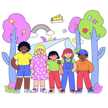 A group of five children, each with different hair colors and styles, standing together in a colorful and whimsical landscape. The first child has curly brown hair, wearing a bright yellow shirt and blue shorts. Next to them is a girl with straight black hair, dressed in a pink dress with white polka dots. The third child has short blonde hair, wearing a green t-shirt and red pants. Another girl has long red hair, wearing a purple sweater and denim overalls. The fifth child is wearing a blue cap and an orange hoodie. They are surrounded by oversized flowers with vibrant colors, tall trees with swirling trunks, and a pathway leading into the distance. In the background, there are floating books and a rainbow arching across the sky.
