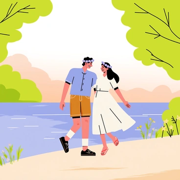 A couple taking an evening stroll along a river. The man is wearing a light blue shirt and brown shorts, while the woman is dressed in a flowing white dress. Both are adorned with crowns made of lilac flowers, the petals vibrant against their hair. The river flows gently beside them, reflecting soft orange and pink hues of the setting sun. Lush green trees arch over the path, and small wildflowers bloom along the water's edge. The couple is smiling at each other, creating an intimate and joyful atmosphere.