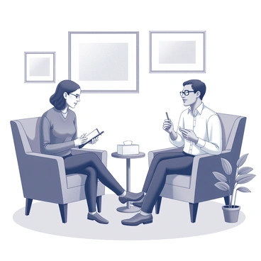 A therapist and a patient are seated in a cozy room designed for counseling. The therapist, a middle-aged individual with glasses, is attentively listening while holding a notepad and pen. The patient, a young adult with a thoughtful expression, is leaning slightly forward, engaged in the conversation. The room is furnished with a comfortable armchair and a small side table holding a box of tissues. Soft lighting creates a warm atmosphere, and there are framed pictures on the walls, contributing to the inviting environment. A plant in the corner adds a touch of nature to the setting.