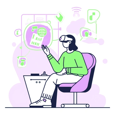 A person is seated in a modern chair, wearing a sleek headset connected to a neural implant interface. They have a focused expression as they engage with the virtual reality environment. Surrounding the person, a series of holographic displays float in mid-air, showcasing vibrant, interactive elements. The chair has built-in controls, and there are small lights indicating the activation of the neural interface. The background features a minimalistic room with soft shapes and lines, emphasizing the high-tech theme of the scene.