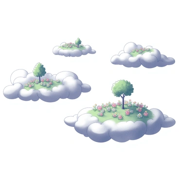 Gardens of flowers and trees growing on puffy clouds in the sky