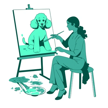 An artist painting a portrait of a regal poodle sitting on a stool